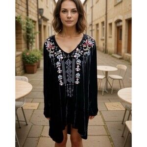 Johnny Was Black Velvet Silk Blend Tunic Top Mini Dress Embroidered Blouse Sz S